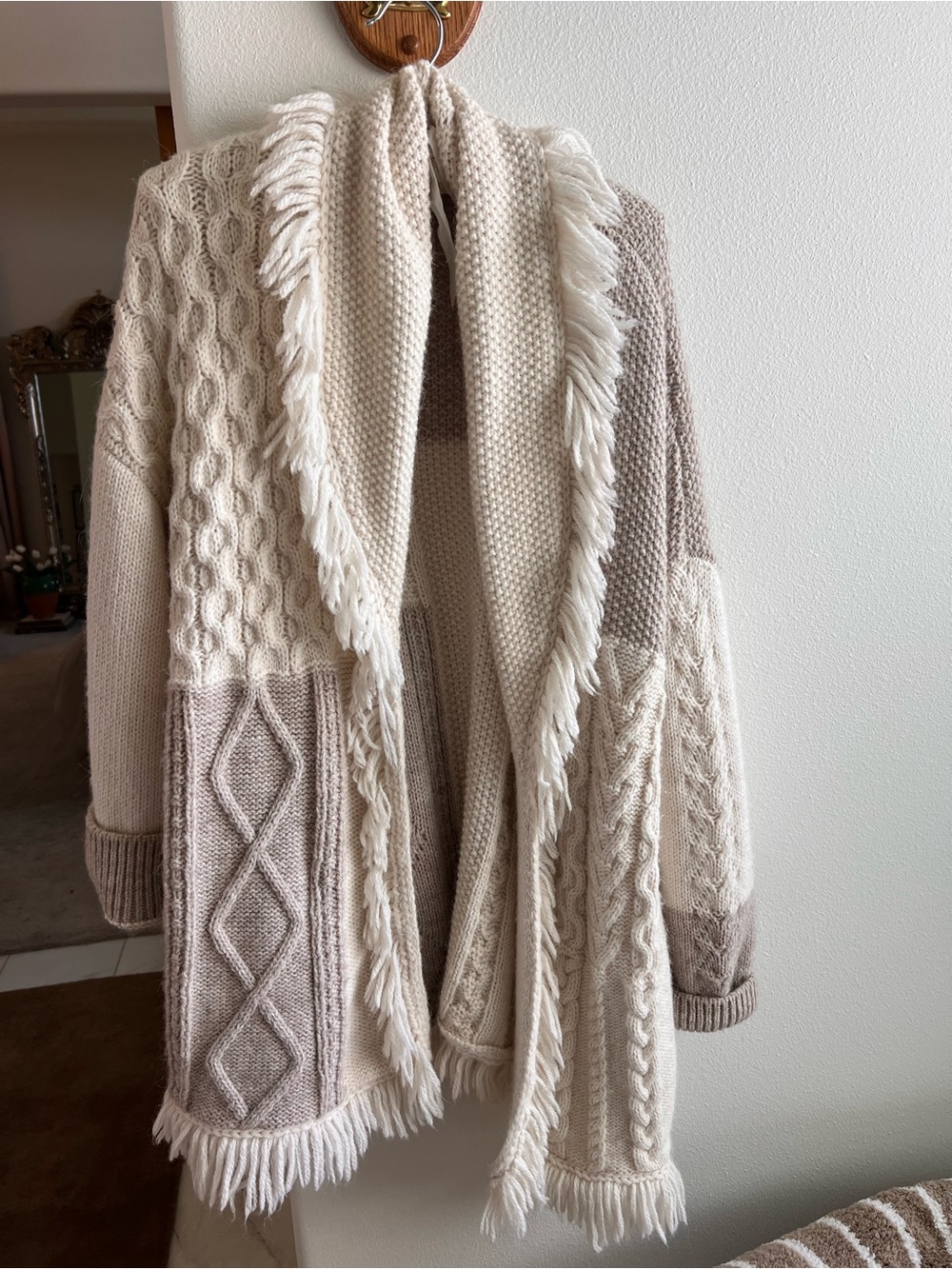 Stefanel Cream and Taupe Cable-Knit Fringe Cardigan